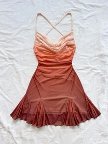 Soleia Women's Vacation Spaghetti Strap Mini Dress, Draped Neck, Backless, Bowknot, Fishtail, Sexy Style, Mini Dress, Tea Length, Shopping, Romantic, Date, Beach Outfit, Mesh, Young, Girlish Vacation Dress Sunset Dress Ombre Dress Summer Vacation Dress - Multicolor - View 4