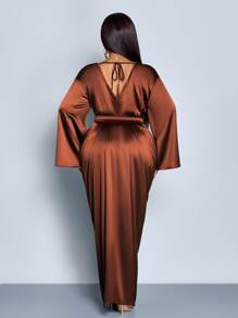 SOLERSUN Đầm dài tay dài, cổ chữ V, xẻ tà, thắt nơ, chất liệu satin co giãn bóng, kiểu dáng mới mùa thu xuân, thanh lịch, thích hợp cho công sở, sinh nhật, dạ hội, tiệc cocktail, đám cưới, mùa lễ hội, thời trang nữ. - màu nâu - Xem 3