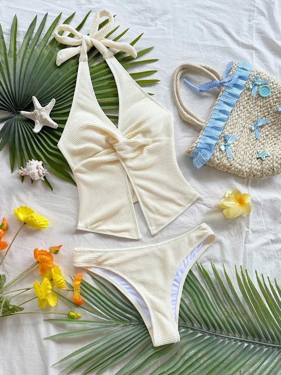 Soleia Fashionable Sexy Halter Tie Knot Hem Slit Open Back Camisole + Triangle Panty 2 Pieces Set Cream Bathing Suit Summer Bathing Suits Halter Bathing Suit,Party - Yellow - View 1