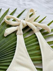 Soleia Fashionable Sexy Halter Tie Knot Hem Slit Open Back Camisole + Triangle Panty 2 Pieces Set Cream Bathing Suit Summer Bathing Suits Halter Bathing Suit,Party - Yellow - View 5