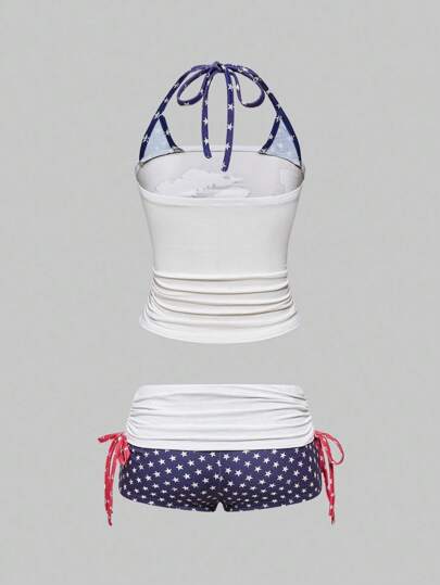 ROMWE Avant Conjunto de 2 piezas con estilo vintage de calle estadounidense, estampado de bandera de EE. UU. y labios con cordones de encaje tipo bandeau
