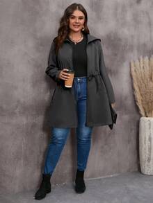 EMERY ROSE Jaket Kasual Wanita Ukuran Besar Lengan Panjang Warna Polos dengan Tali Serut di Pinggang dan Resleting Depan, Pakaian Musim Gugur untuk Wanita - Dark Grey - View 5