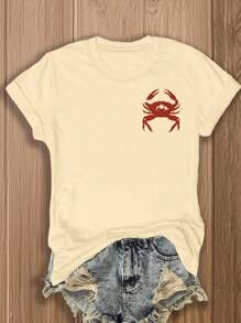 Áo thun in hình con cua hai mặt dành cho nữ, thiết kế chủ đề đại dương sống động với dòng chữ "Tôi sẽ biến thành con cua", áo thun cổ tròn tay ngắn giản dị - Màu Khaki - Xem 2