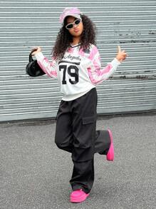 SHEIN Explorewe Streecool Tween Mädchen V-Ausschnitt rosa gestreifter Patchwork Langarm Sweatshirt mit Seitentasche und Cargohose 2-teiliges Set, modisch für Schule, Campusaktivitäten, Sport