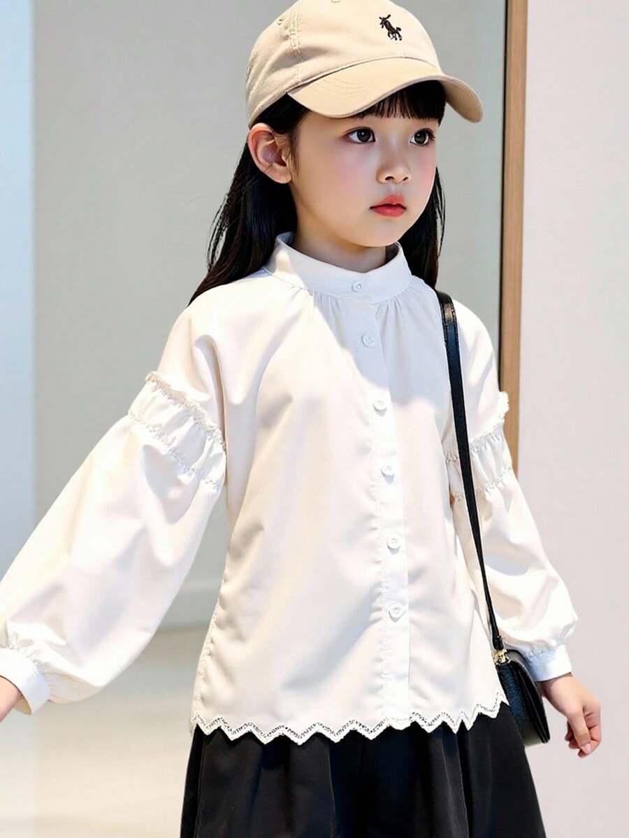 Genkimix Kids New Arrival Korean Style Sweet Elegant Girls' Long Sleeve Loose Blouse With Small Stand Collar, Autumn - White - View 1