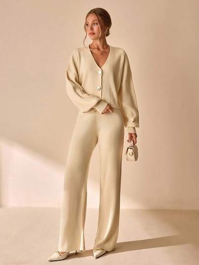 CLARA VERO Conjunto de 2 piezas de punto casual elegante para mujer, cárdigan de cuello en V con mangas globo y pantalón, color beige, ropa de otoño para estar en casa y brunch