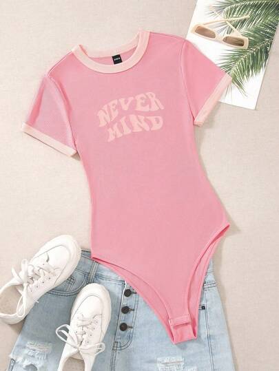 GlowEve Slogan Graphic Contrast Trim Bodysuit