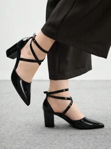 CUCCOO BIZCHIC Women's Fashion Black Ankle Strap Criss-Cross Pointed Toe Thick High Heel Pumps, Suitable For Commuting, Dating, Party, Shopping For Christmas - Black - View 3