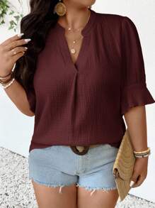 SHEIN Frenchy Plus Size Casual Solid Color Notched Neck Shirt