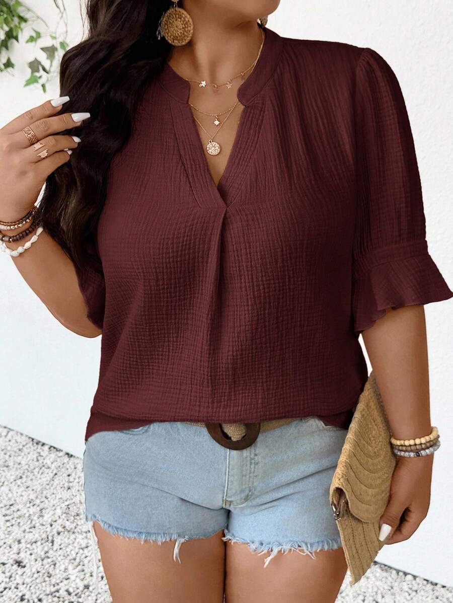 SHEIN Frenchy Plus Size Casual Solid Color Notched Neck Shirt