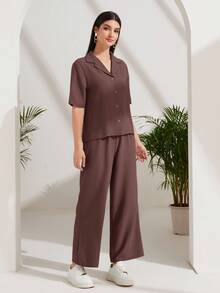 Lacomfia Lapel Neck Button Front Blouse & Wide Leg Pants 2 Pieces Set - Red Violet - View 3