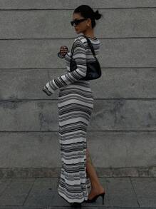 DAZY Black & White Striped Knit Dress For Women,Fall Women Clothes Women Sweater Dresses - Multicolor - View 2