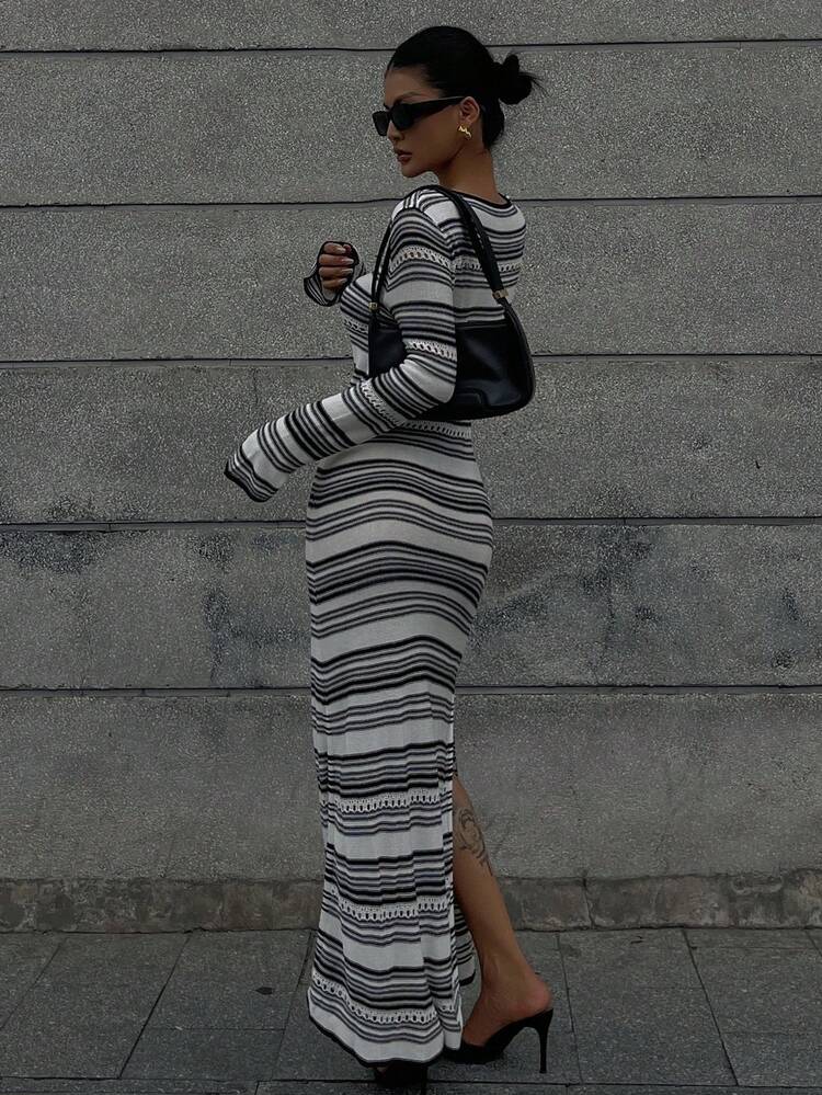 Black & White Striped Knit Dress For Women,Fall Women Clothes Women Sweater Dresses