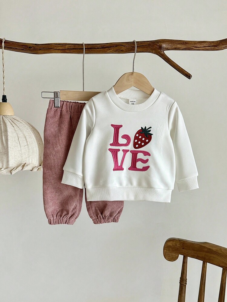 SHEIN 2pcs Baby Girls Casual Sweatshirt & Pants Set, Round Neck Long Sleeve Pullover Top, Elastic Waist Tapered Leg Pants, Fashionable Strawberry & English Letter Embroidery, Comfortable For Daily Wear, Autumn/Winter - Multicolor - View 8