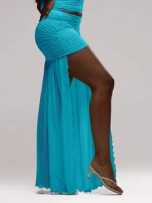 MUSERA 褶皱垂坠超高开衩半身裙，仅限伊比沙岛性感度假夏季节日沙滩装，浪漫优雅，适合生日、婚礼宾客、7月4日派对、狂欢节、婚礼派对、复活节等场合。 - 藍色 - 查看 3