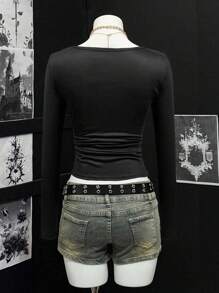 EgrlEra 女式 V 领朋克纽扣半襟印花长袖 T 恤