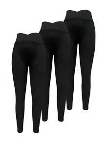 SHEIN Sports Women's Casual Solid Color High Waist Sports Leggings - Black - View 1