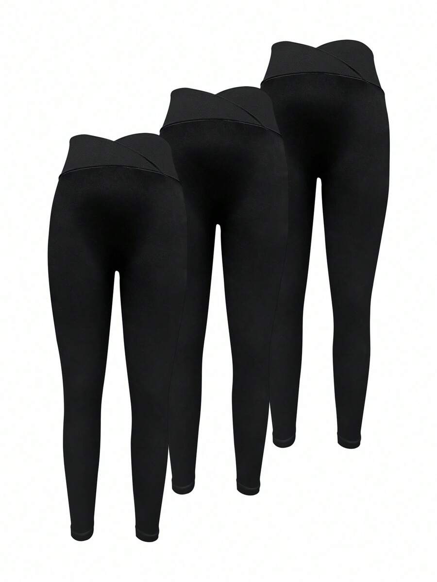 SHEIN Sports Women's Casual Solid Color High Waist Sports Leggings - Black - View 1