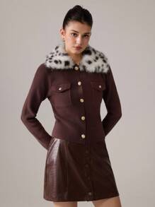 SHEIN MOD 卡其棕色拼布豹纹毛领优雅秋冬开衫 - 棕色 - 查看 10