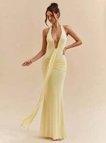 SHEIN BAE 优雅黄色奶油色性感深V领女式连衣裙，春夏季 - 黃色 - 查看 3