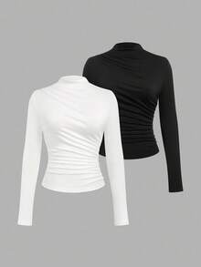 Sweetra Maglietta casual a maniche lunghe, slim fit, comoda, con collo a giro, tinta unita, per donne taglie forti - Bianco e nero - Visualizzare 1