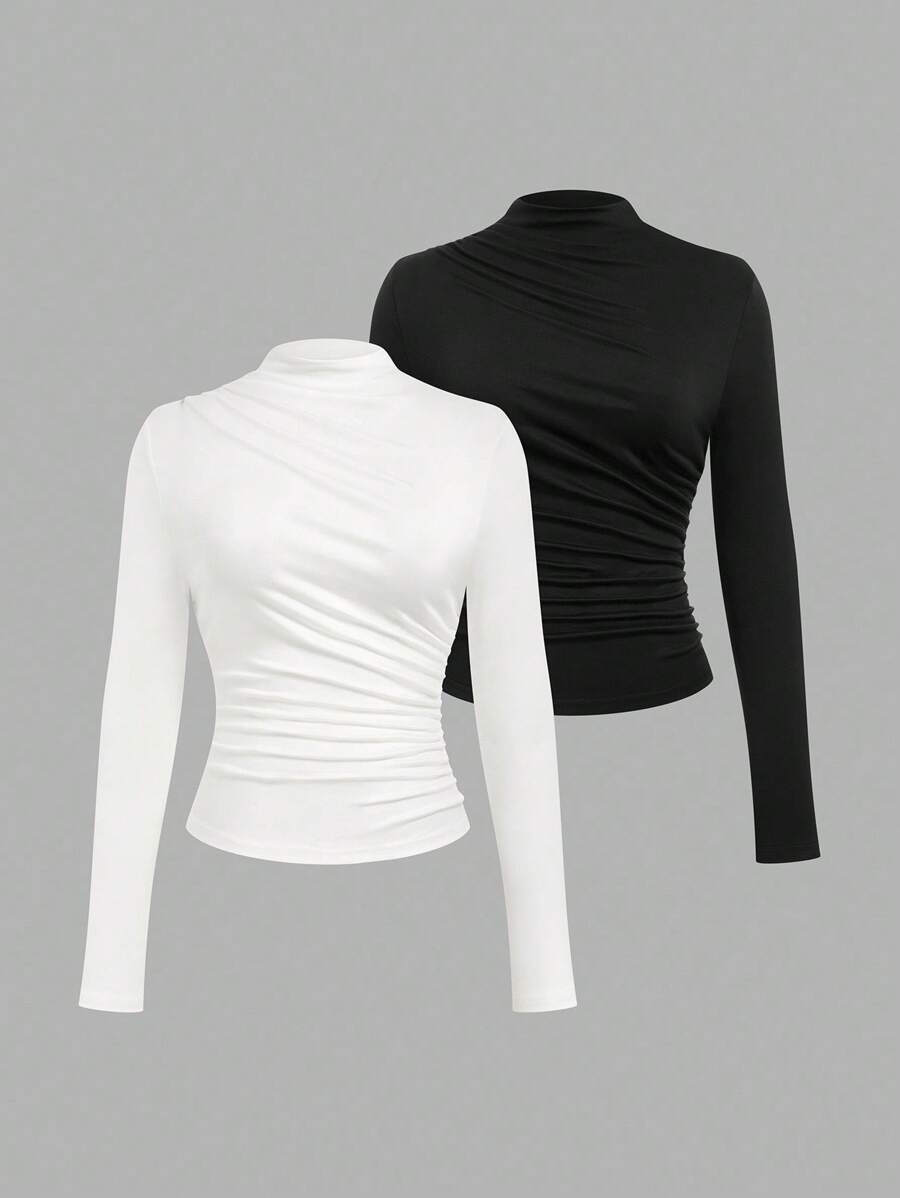 Sweetra Maglietta casual a maniche lunghe, slim fit, comoda, con collo a giro, tinta unita, per donne taglie forti - Bianco e nero - Visualizzare 1