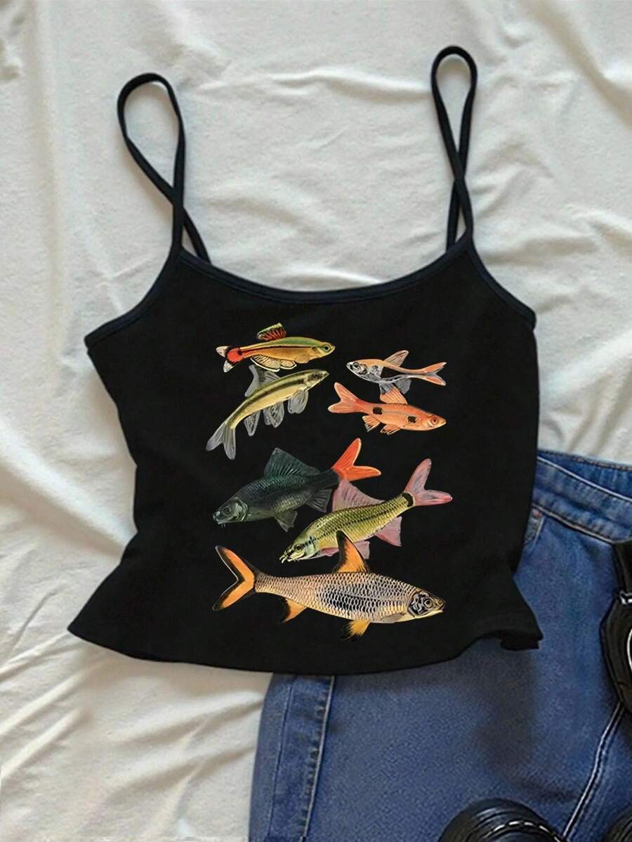 INAWLY Y2K Style Retro Aesthetic Cropped Camisole Top - Black - View 1