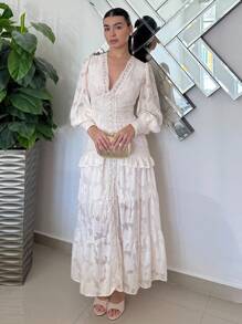 Andrea Bello V-Neck Puff Sleeve Cinched Waist Elegant Dress Maxi Women Outfit