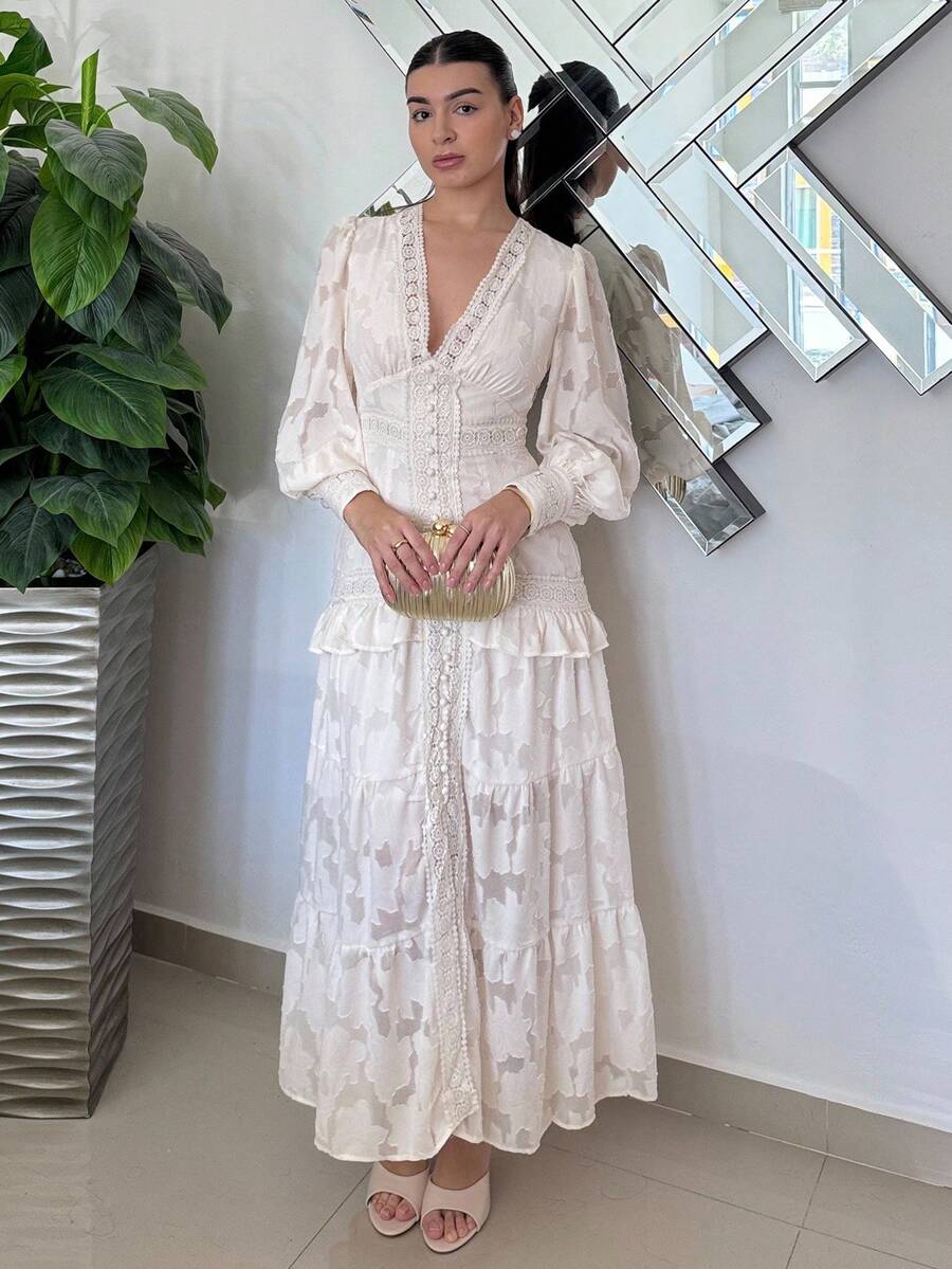 Andrea Bello V-Neck Puff Sleeve Cinched Waist Elegant Dress Maxi Women Outfit