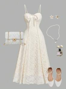 SHEIN MOD 大码女式提花连衣裙，杏色，胸前蝴蝶结，秋季连衣裙，复古，优雅，网纱连衣裙，职业女装 - 杏色 - 查看 1