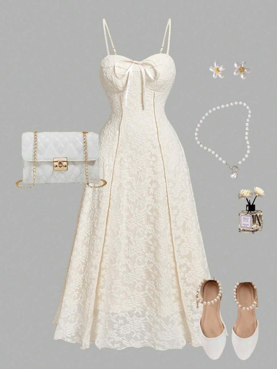 SHEIN MOD 大码女式提花连衣裙，杏色，胸前蝴蝶结，秋季连衣裙，复古，优雅，网纱连衣裙，职业女装 - 杏色 - 查看 1