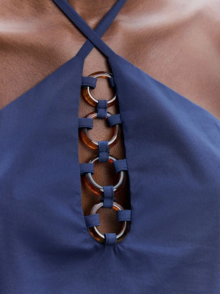 SHEIN Maija 2025 Winter Navy Blue Amber Acrylic Round Ring Design Halter Tie Bow Top, Elegant Urban Commute Everyday Romantic Casual 90s Christmas New Year, Thanksgiving Party, Beach Graduation Fashion, Suitable For Wedding Guest, Host, Date, Party, Concert, Brunch, Airport, Multi-Occasion