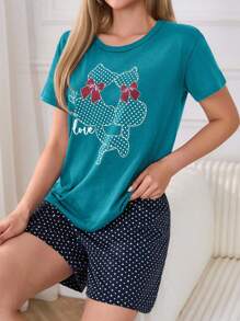 EURMUSE Bộ đồ ngủ mặc nhà 2 món 100% cotton họa tiết chấm bi và động vật tay ngắn và quần đùi họa tiết chấm bi - màu xanh lá - Xem 4