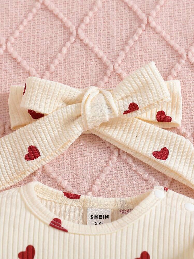 SHEIN Valentine's Day Newborn Baby Heart Print Jumpsuit, Cozy Knitted Casual Jumpsuit With Headband Included Fall Winter - Apricot - View 4