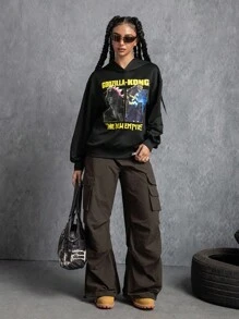 GODZILLAxKONG X SHEIN Áo nỉ trùm đầu rộng rãi họa tiết quái vật và chữ cái dành cho nữ - màu đen - Xem 7