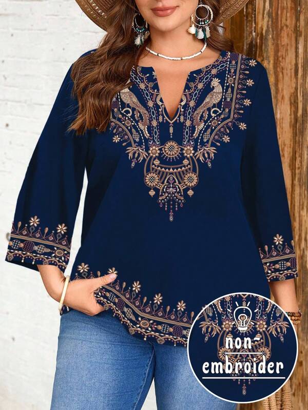 EMERY ROSE Top informal de talla grande con bordado floral falso en azul para vacaciones