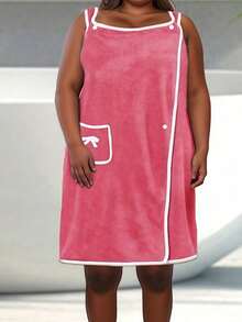 SHEIN 1 件加大码可穿戴浴巾 - 超柔软珊瑚绒浴裙，带口袋，快干吸水，