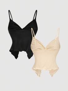 SHEIN MOD Áo hai dây xoắn trơn màu thanh lịch dành cho nữ mùa hè - Màu be - Xem 2