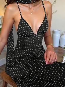 Cévolie 女士优雅性感波尔卡圆点印花露背吊带连衣裙