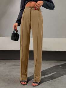 RueChic Solid Straight Leg Trousers - Chocolate Brown - View 4