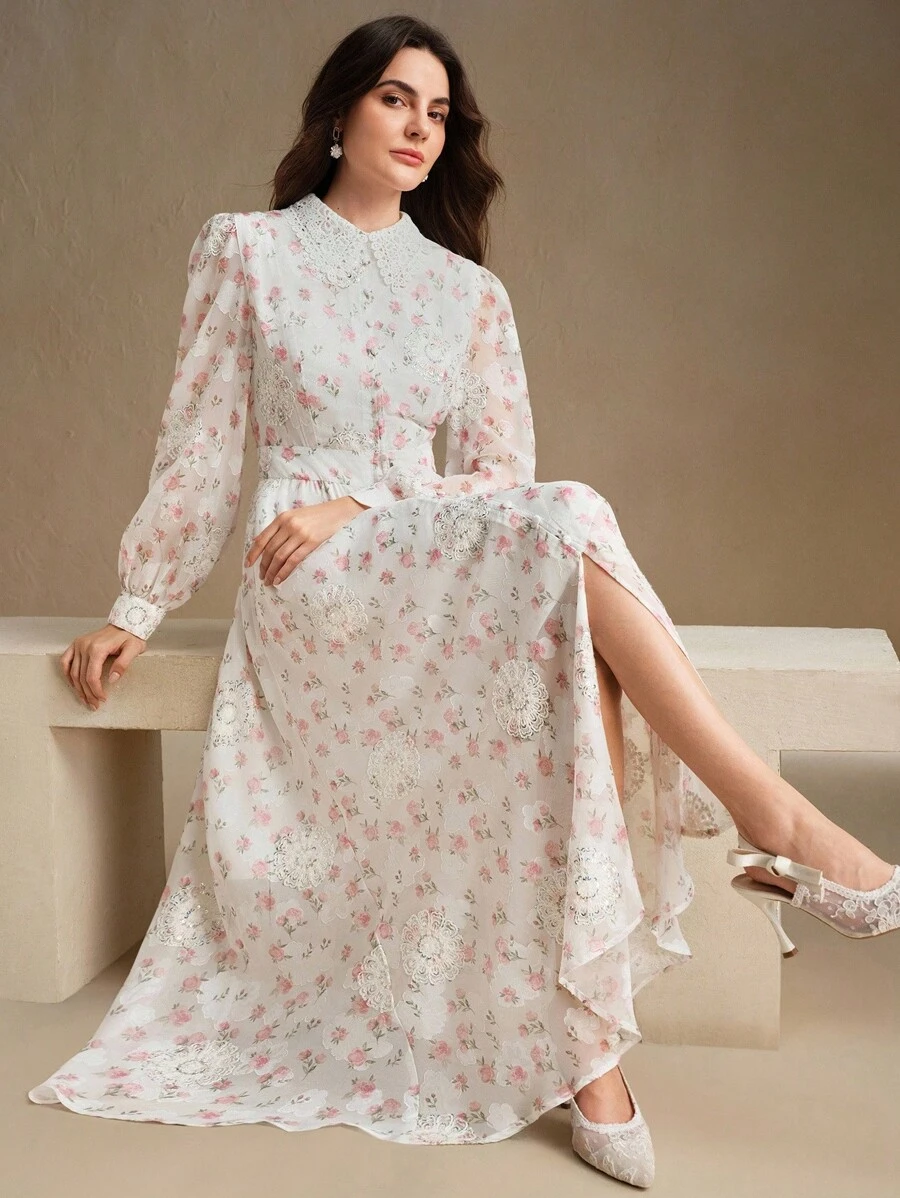 Anewsta Váy cổ ren hoa thanh lịch dành cho nữ - Hồng - Xem 1