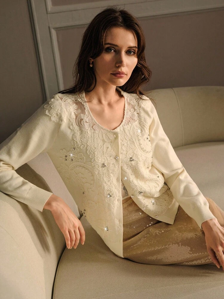 EMBROIDERY RHINESTONE CARDIGAN