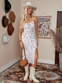 LanaWest Vestito lungo da donna con stampa floreale, nodo frontale, spacco alto sulla coscia - Bianco - Visualizzare 4
