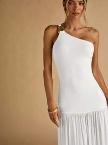 SHEIN BAE 女士杏色不对称肩部金属扣装饰紧身连衣裙，透明下摆，优雅 - 白色 - 查看 7