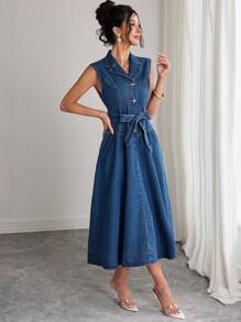 Elenzga 女士休闲无袖牛仔连衣裙，夏季 - 深色水洗藍 - 查看 4