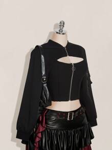 SHEIN ICON 大码翻盖口袋拉链超短款夹克（不含吊带背心） - 黑色 - 查看 3