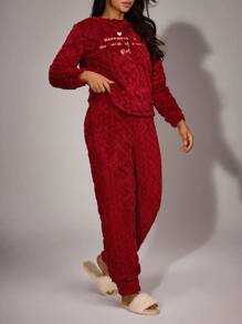 Women Slogan Embroidery Fleece Long Sleeve Top & Pants Pajama Set Cozy Outfit, Fall Winter Clothes - Burgundy - View 4