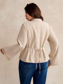 Elaquor Plus Size Women's Fashionable Elegant Lace Patchwork Button Down Long Sleeve Shirt Clothes For Women Spring - Apricot - View 3