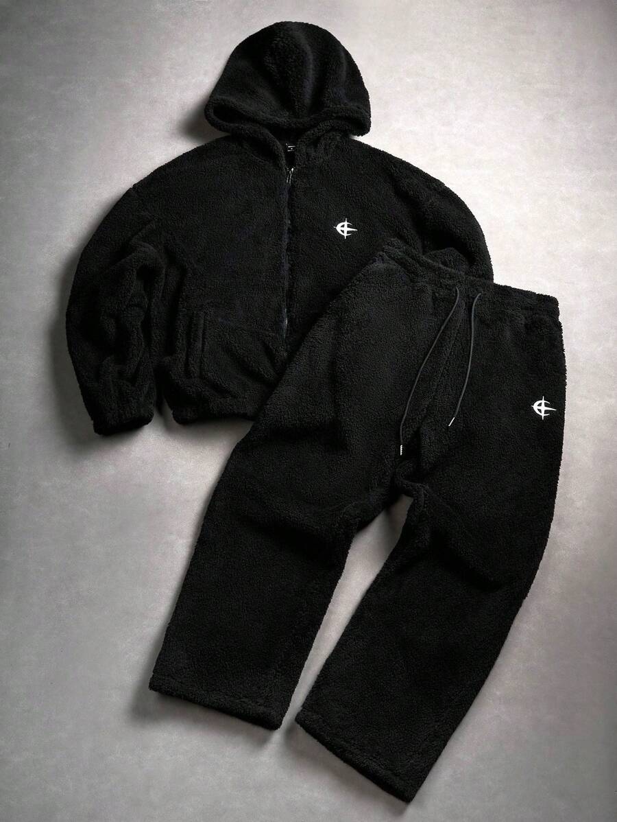 Aesthetic Post--Men's Casual Star & Moon Embroidered Zip-Up Hoodie And Sweatpants Suit ,Autumn Winter Warm Black Plush Hooded Zip-Up Sweatshirt & Pants Set, White Crescent Moon And Star Logo Embroidery, Daily Wear, Sport Casual, Ideal Gift For Husband Or Boyfriend, White Pattern., Cozy Outfits - Black - View 1