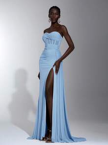 Elegant Dusty Pink Bandeau Ruched Waist Fishtail Mesh Ruffle High Slit Side Draped Maxi Dress, Suitable For Spring/Summer Dating, Vacation, Party, Wedding, Graduation, Formal Occasion - Baby Blue - View 6
